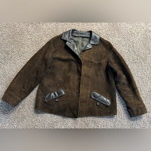 Vintage Brown Suede Jacket with Black Leather Accents